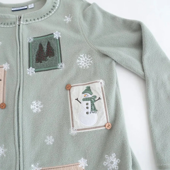 Vintage Croft & Barrow Sage Embroidered Snowman Christmas Zip Fleece Cardigan M - Picture 7 of 11